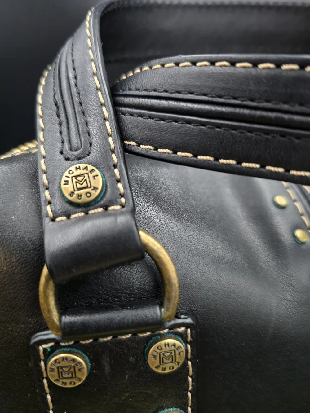 Michael Kors Black Leather Stud-Accent Satchel with Gold Hardware